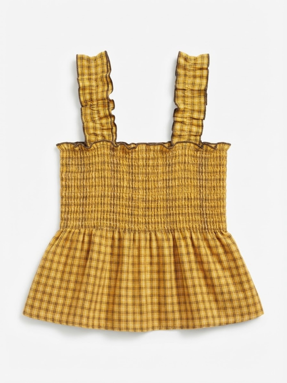 FOREVER21 Yellow Plaid Tiered Smocked Peplum Cami Tank Top Ruffled Straps L